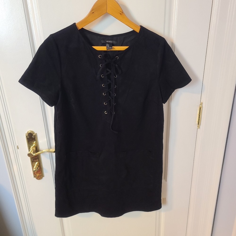 Forever 21 Lined Black Mini Dress Tie Front Short Sleeves Size M